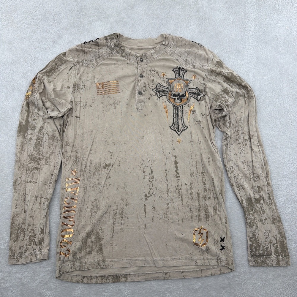Vintage Affliction Cross Graphic Long Sleeve Henley Shirt Sand Men's Medium Y2K